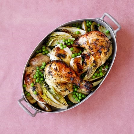 Minted roast chicken, potatoes, peas and lettuce