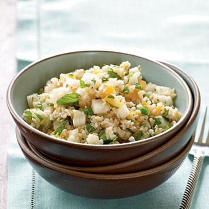 Minty bulgur wheat and peach salad