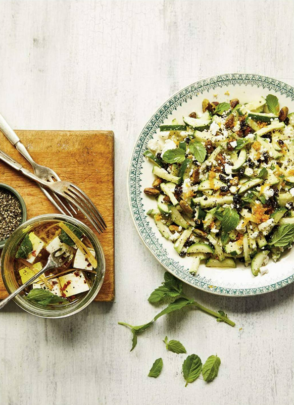 Minty-fresh zucchini salad with marinated feta