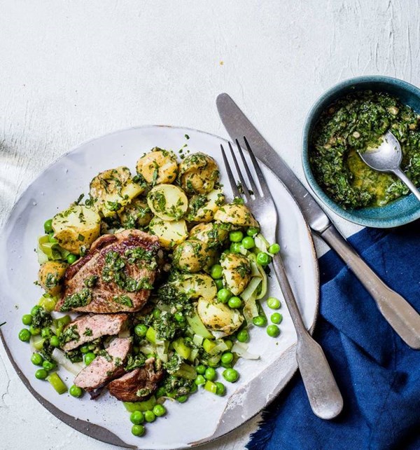 Minty salsa verde lamb with lemony potatoes and leeks
