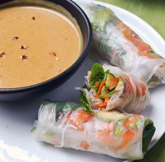 Minty summer rolls with spicy peanut sauce