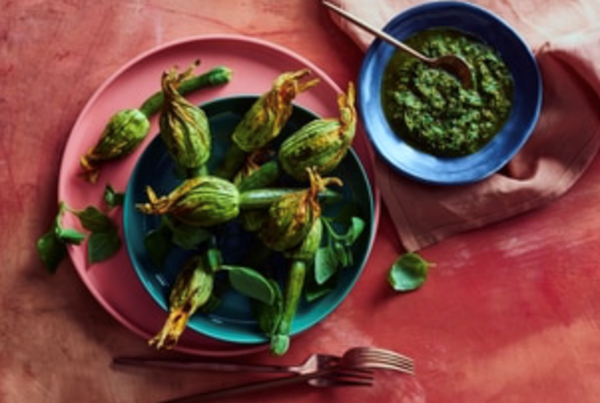 Minty zucchini flowers with warrigal greens verde