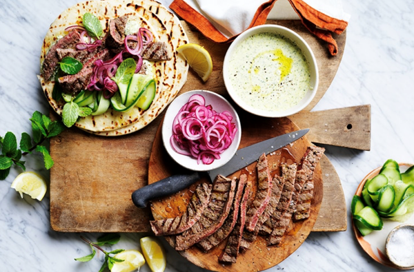 Minute steak pita with pickled onion and feta and mint dressing
