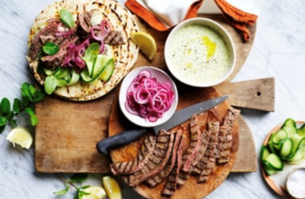 Minute steak pita with pickled onion and feta and mint dressing