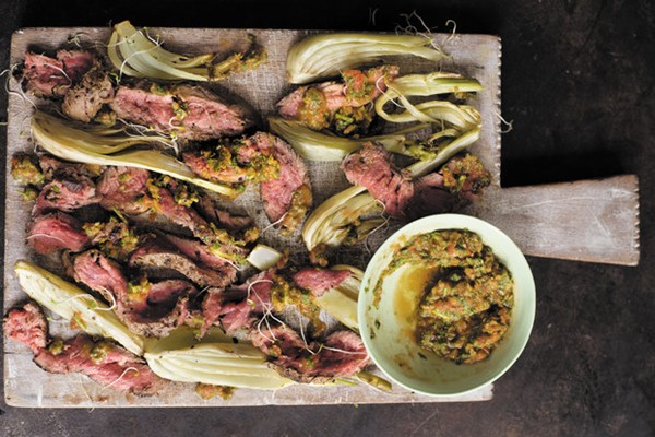 Minute steak with roasted fennel and a rocket and caper dressing