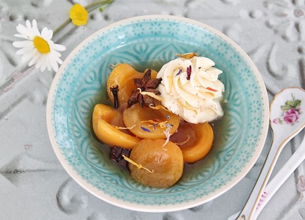 Mirin and spice poached apricots with cardamom cream