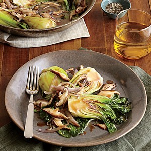 Mirin-braised bok choy with shiitake mushrooms