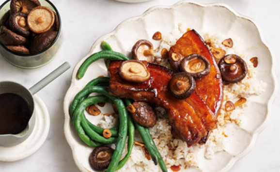 Mirin-glazed pork belly, ginger rice and pickled shiitake mushrooms