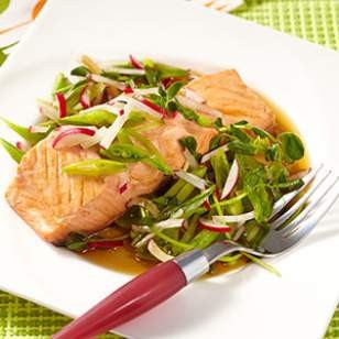 Mirin-poached salmon with spring salad