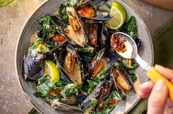 Miso & clotted cream mussels with spinach and chilli oil