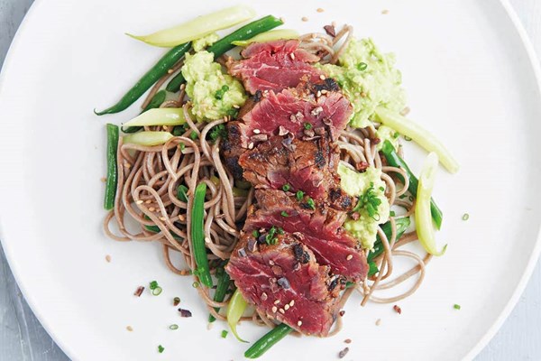 Miso and cacao marinated beef onglet with beans, soba noodles and avocado