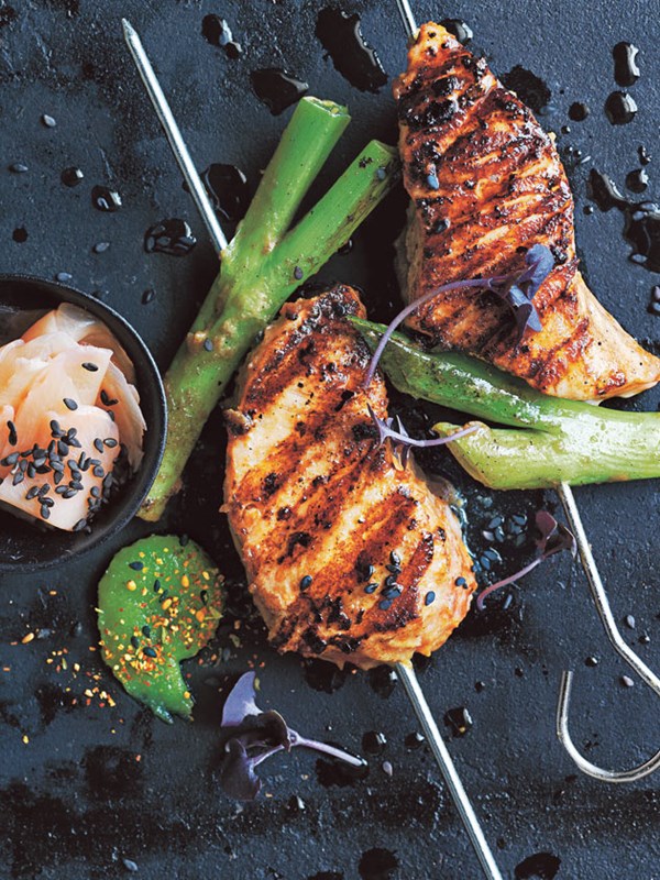Miso and ginger salmon skewers