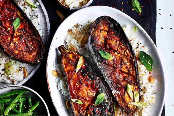 Miso and maple-glazed aubergine with sticky coconut rice