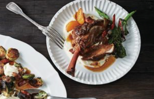 Miso and sesame-braised lamb shanks with mandarin, fried broccolini and celeriac puree [Matthew Roberts, Eschalot]