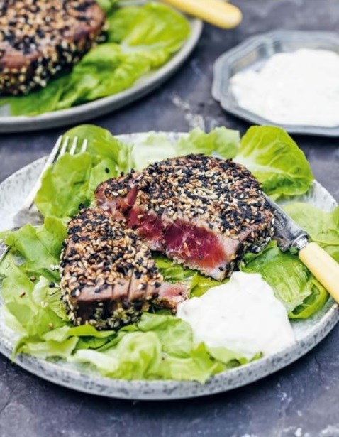 Miso and sesame tuna steaks with wasabi ginger mayo 