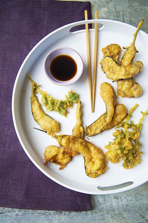 Miso aubergine and mizuna tempura with ponzu joyu