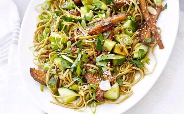 Miso aubergine, green tea noodle and cucumber salad