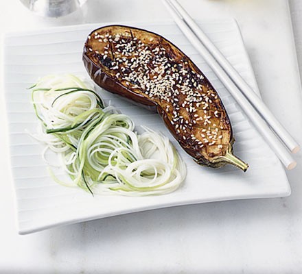 Miso aubergine with cucumber noodles