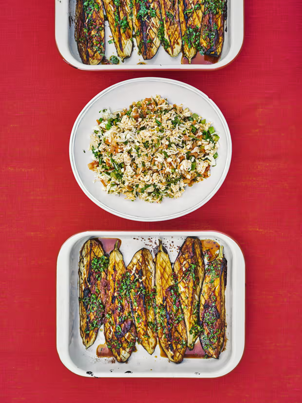 Miso aubergines with tenderstem and tofu fried rice
