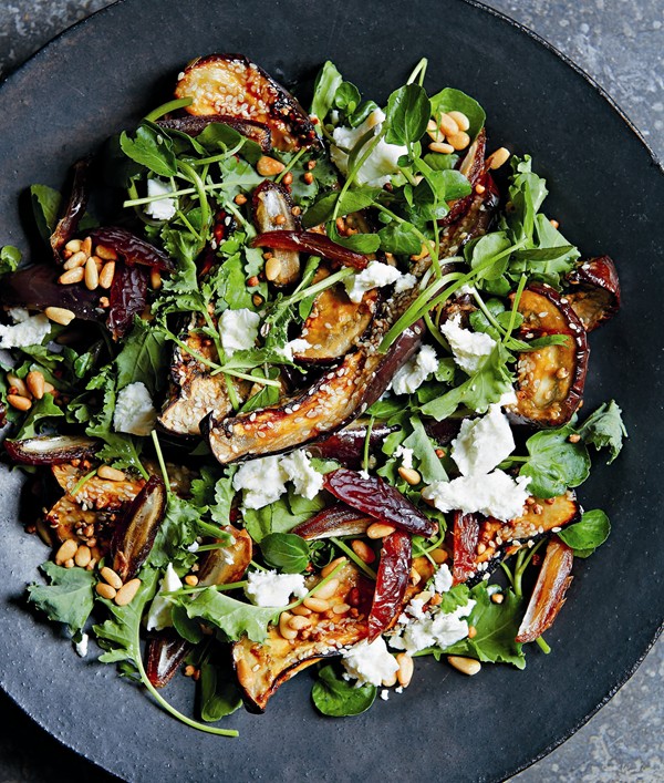 Miso-baked aubergine, dates, feta, crispy buckwheat and tahini yogurt
