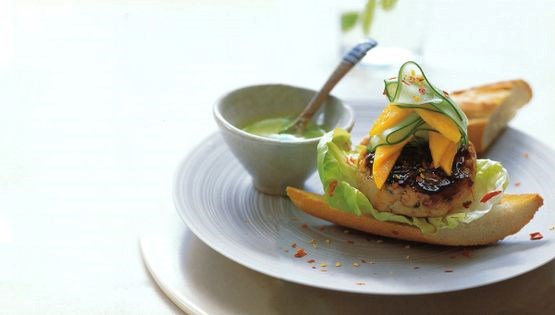 Miso-basted salmon burger with hot mango-cucumber salsa and cool chilli verde