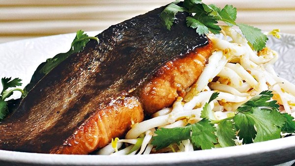 Miso-basted salmon with fried Hokkien noodles and sweet soy