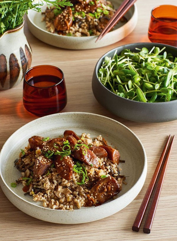 Miso-braised eggplant with sticky rice and green bean salad