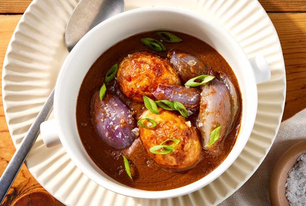 Miso-braised eggs with shallots