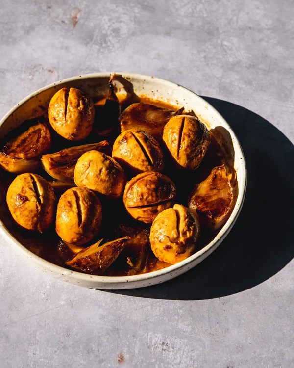 Miso-braised eggs with shallots