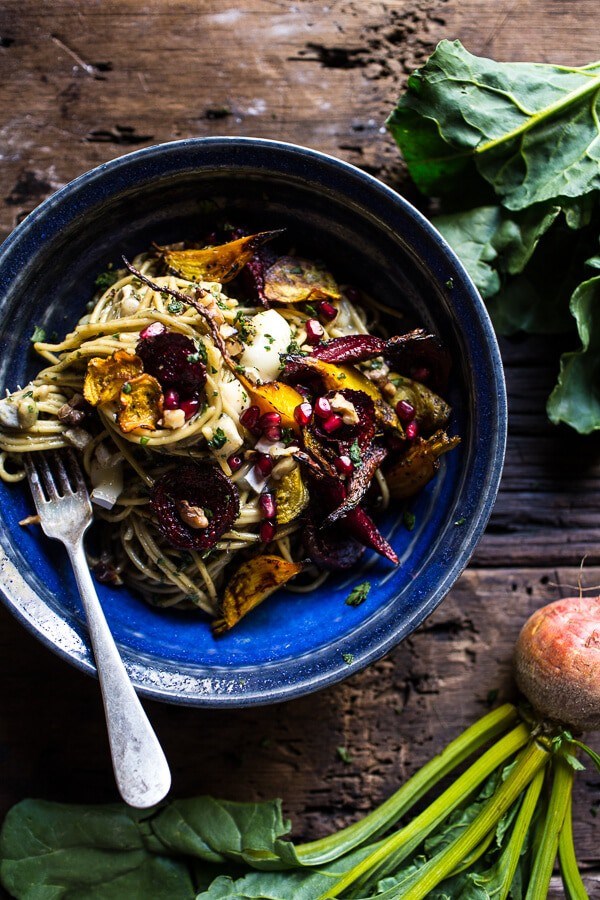 Miso browned butter and Brie pasta with roasted beets + walnuts