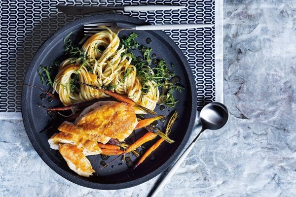 Miso butter chicken with roast carrots and spaghetti