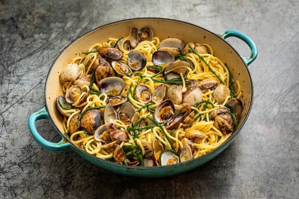 Miso butter spaghetti with clams and samphire