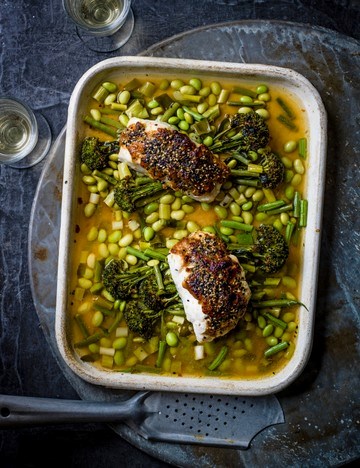 Miso-buttered cod with broccoli, sesame and beans