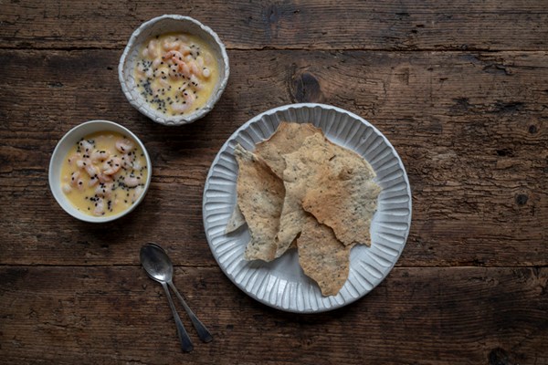 Miso-buttered potted coldwater prawns with seaweed crackers