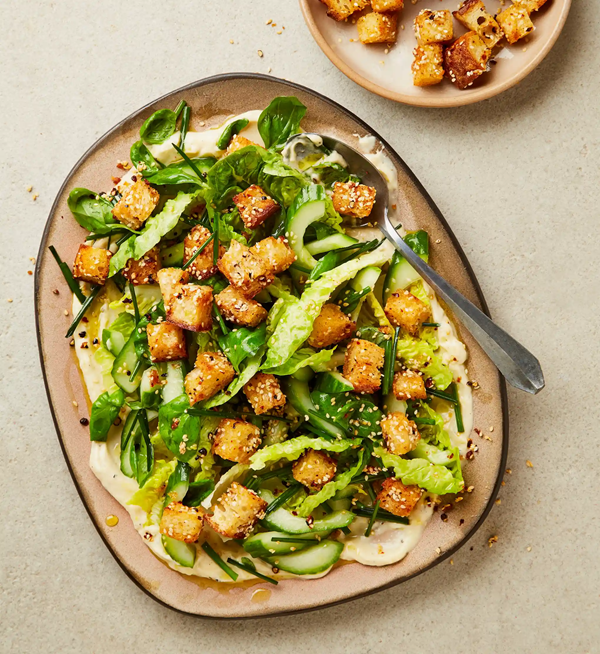 Miso 'Caesar' salad with sesame-maple croutons