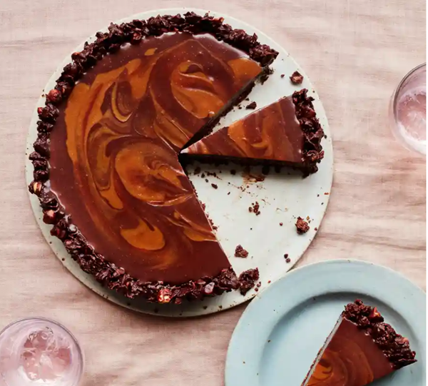 Miso caramel and chocolate tart with a crunchy cereal base