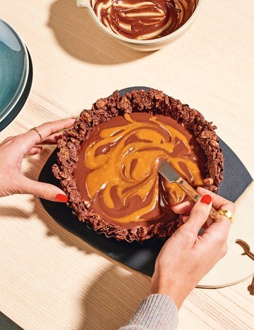 Miso caramel and chocolate tart with a crunchy cereal base