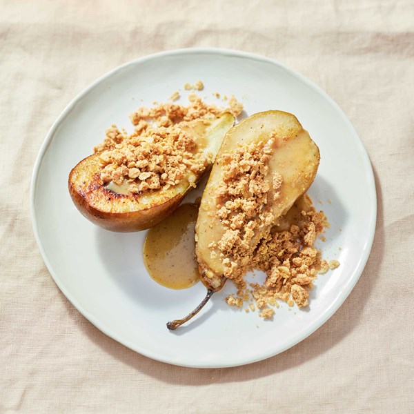 Miso caramel pears with a crumble topping