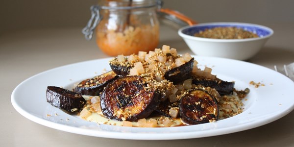 Miso-charred aubergine, tahini mayonnaise, spicy fermented kohlrabi and dukkah