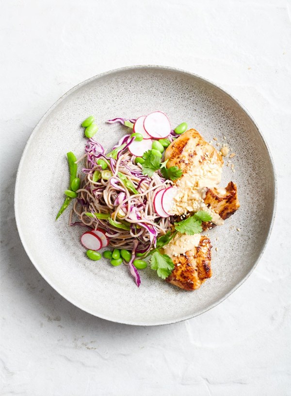 Miso chicken, edamame bean and soba noodle salad