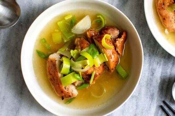 Miso chicken in ginger, leek and scallion broth
