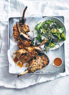 Miso chilli pork chops with kumquat mizuna salad