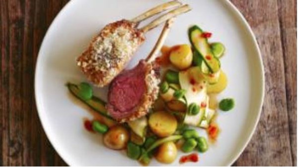Miso-crusted rack of lamb with broad bean, zucchini and new potato salad