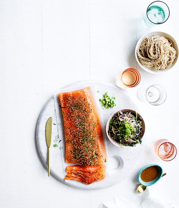 Miso-cured salmon bowls with green-tea noodles