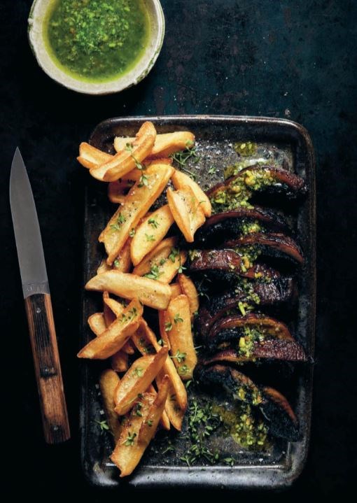 Miso-fried, oven-roasted portobello mushrooms with pesto and fries