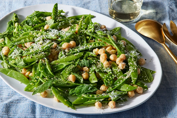 Miso-garlic snap pea salad with pecorino & mint