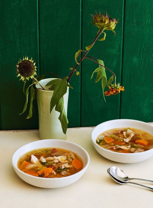 Miso ginger and pumpkin soup with cabbage and chicken