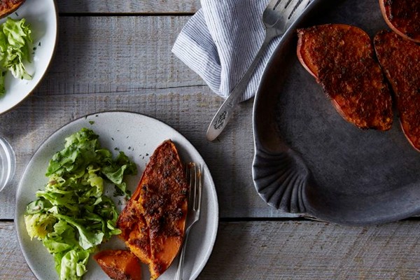 Miso, ginger, and scallion-crusted sweet potatoes