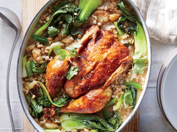 Miso-ginger braised chicken with bok choy and barley