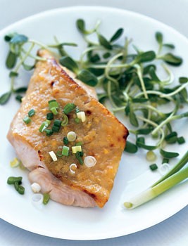 Miso-glazed black cod on sunflower sprouts